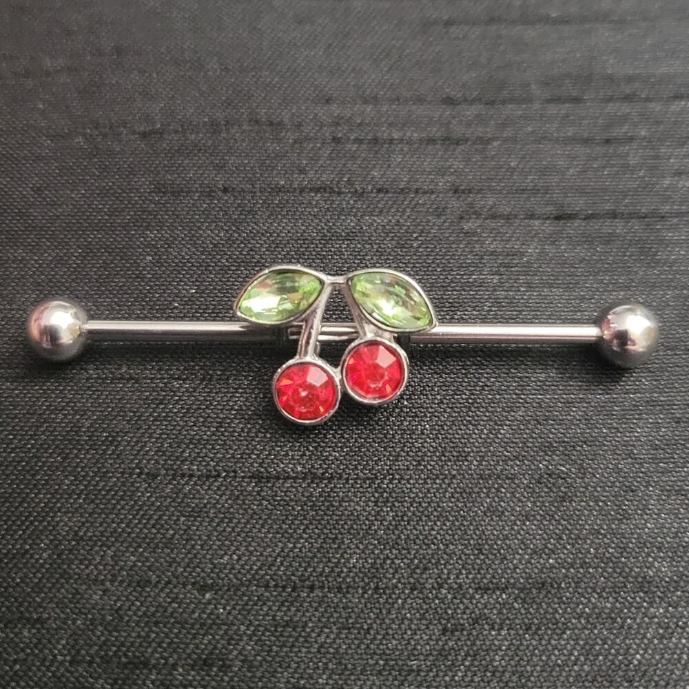 14 Gauge Stainless Steel Industrial Ear Piercing With Crystal Cherry Charm